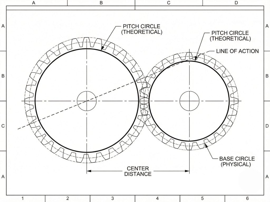 Spur gear meshing diagram showing theoretical pitch circles, line of action, base circle, and center distance between gears