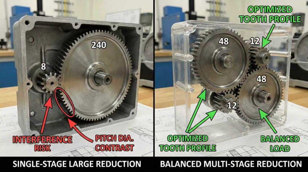 Comparison of single-stage large gear reduction and balanced multi-stage spur gear reduction showing interference risk and optimized tooth profiles