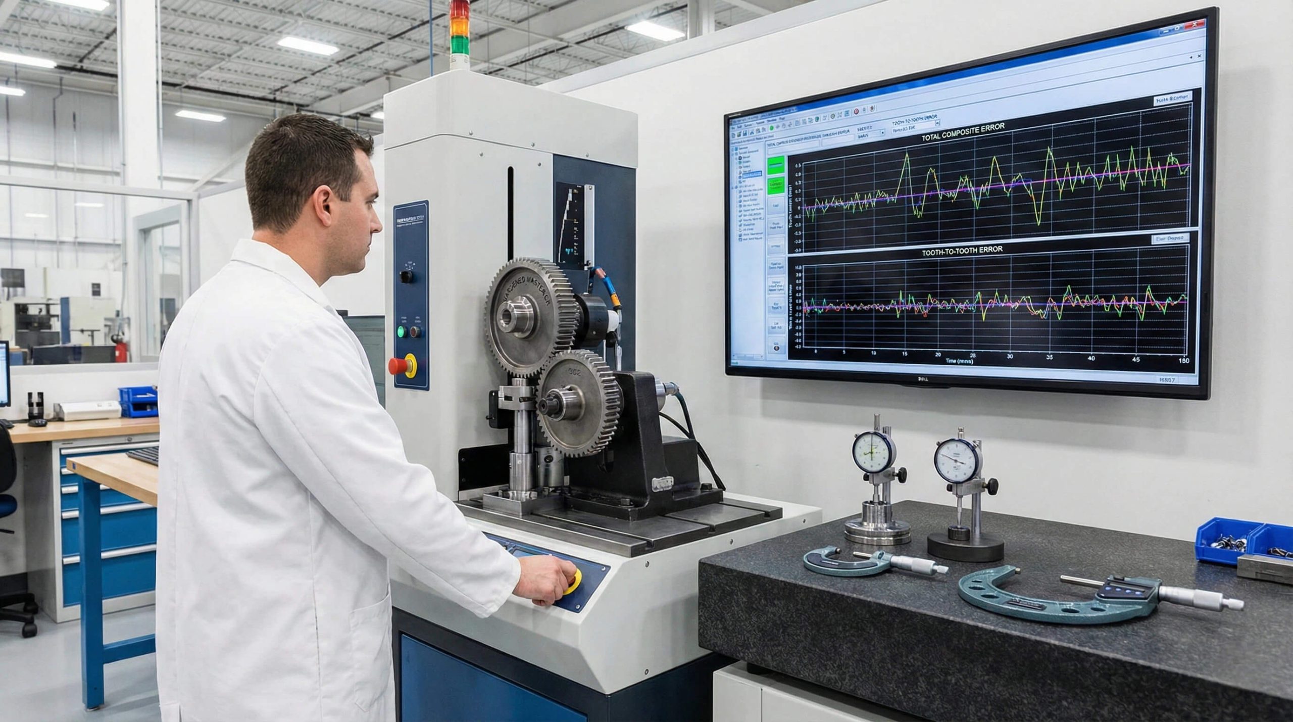Spur gear roll testing inspection showing composite error and tooth-to-tooth error measurement on a gear testing machine