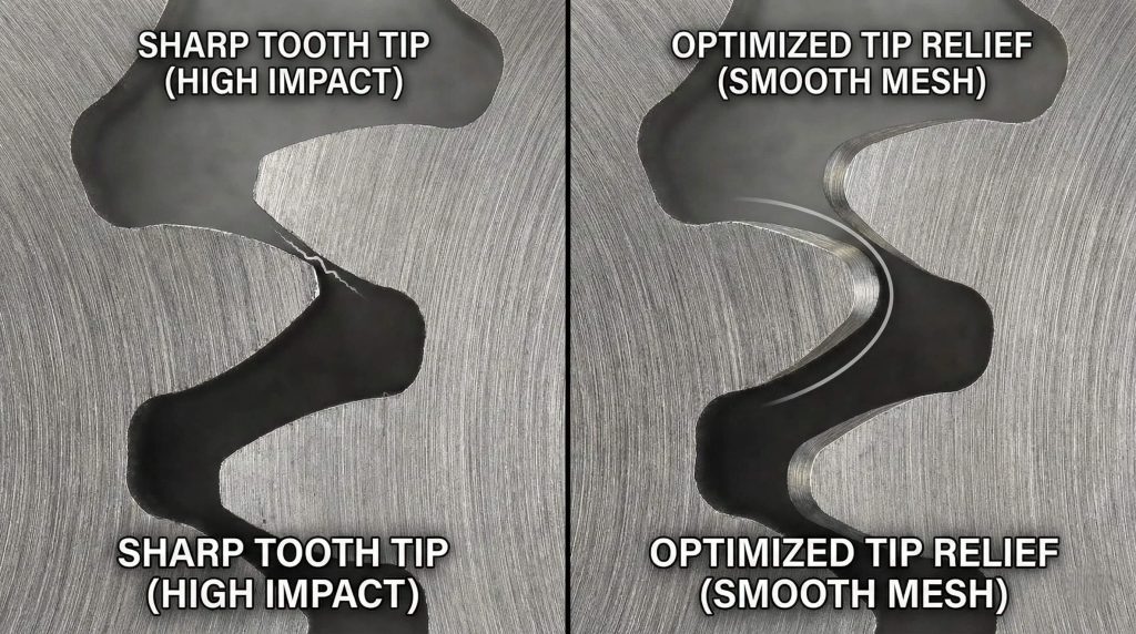 Comparison of sharp spur gear tooth tip causing high impact versus optimized tip relief for smooth gear meshing