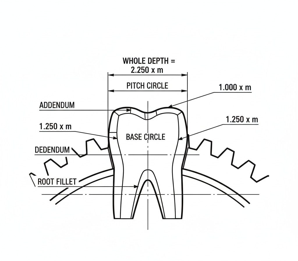 Spur gear tooth profile diagram showing addendum, dedendum, whole depth, and pitch circle dimensions based on module