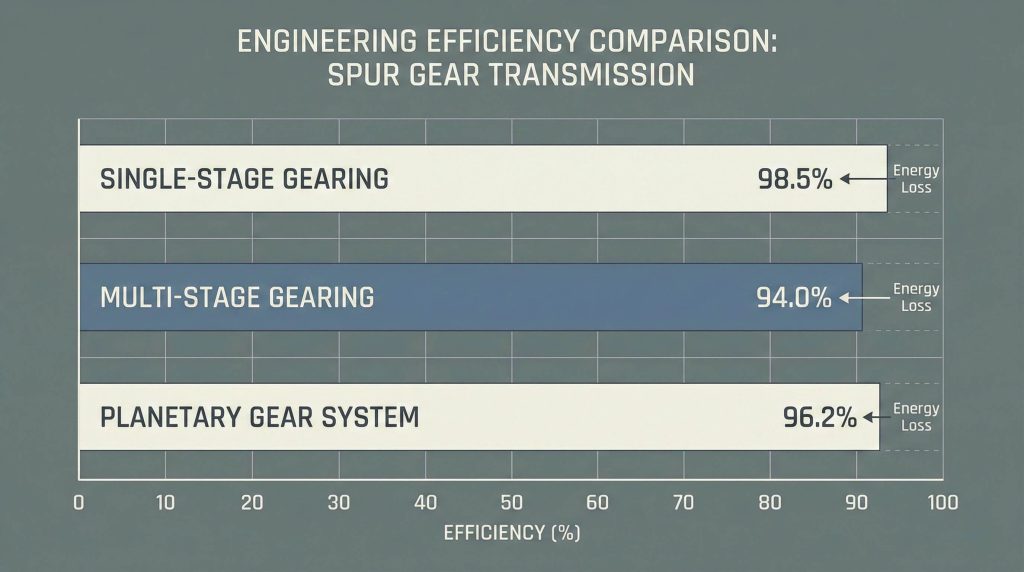 Efficiency comparison chart showing single-stage, multi-stage, and planetary spur gear transmission efficiency