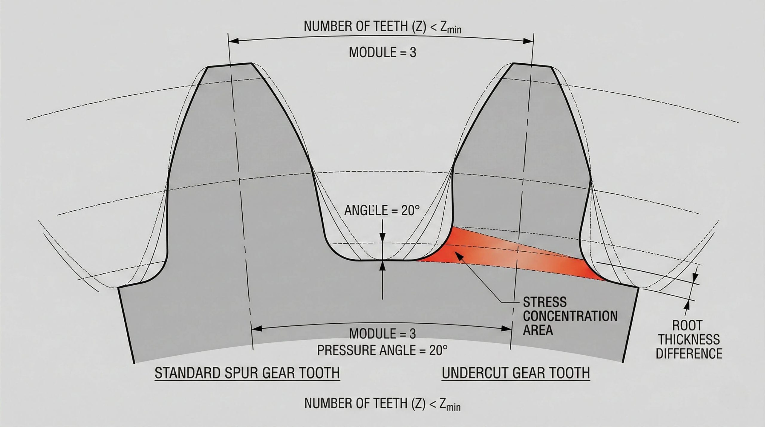 Comparison of standard spur gear tooth and undercut gear tooth showing reduced root thickness and stress concentration