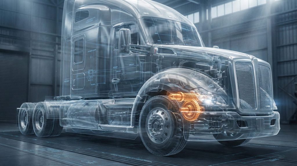 Transparent digital render of truck showing internal powertrain and differential system