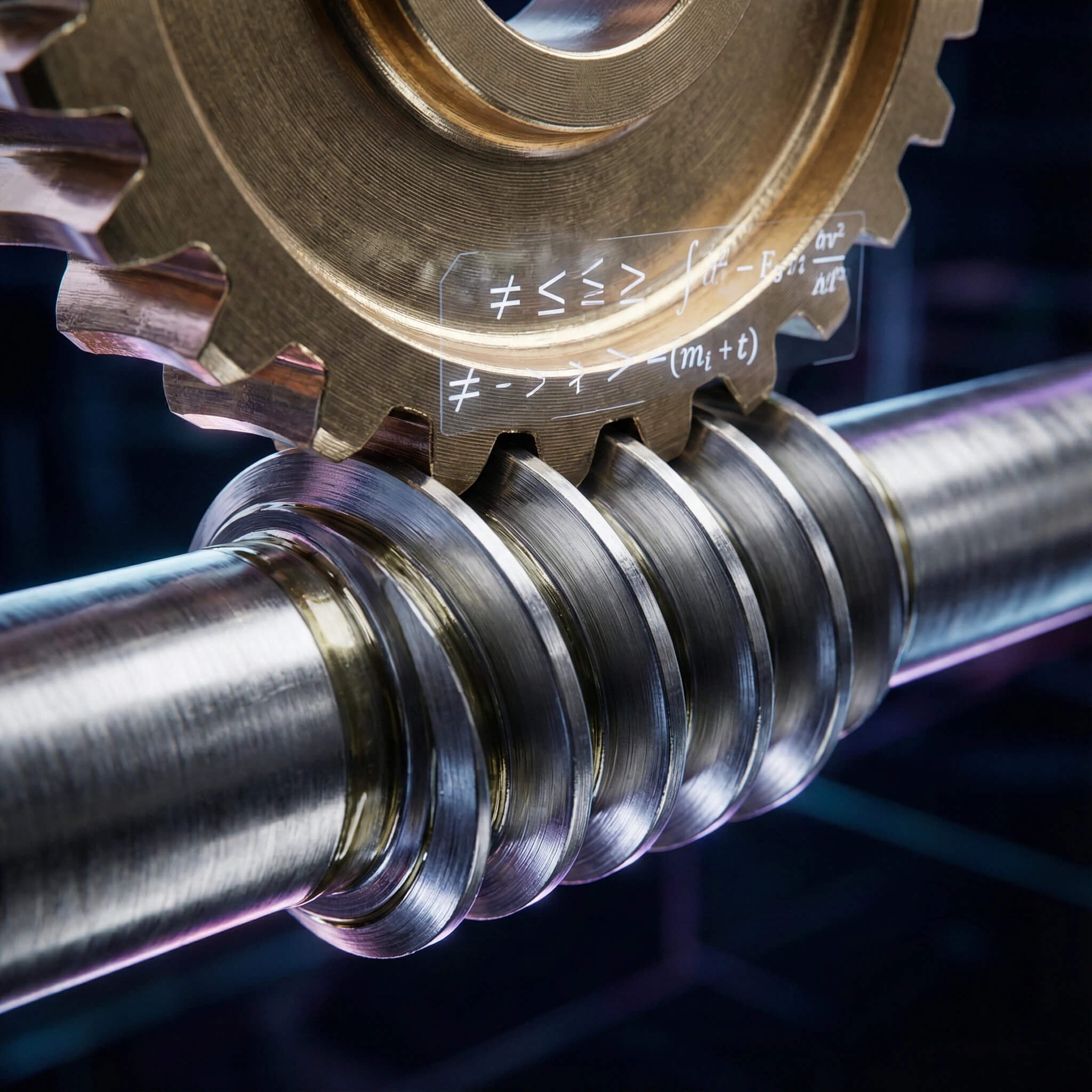Close-up worm and gear tooth engagement with applied mechanical formula overlay