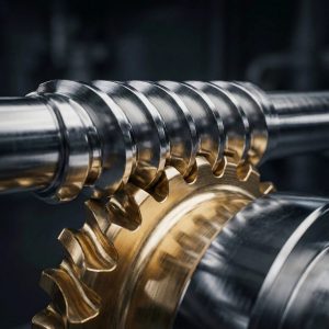 Close-up view of worm and gear tooth engagement with polished metal contact surfaces
