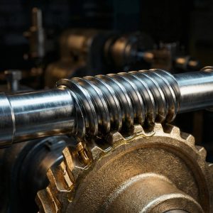 Close-up macro view of worm gear drive mechanism with lubrication applied