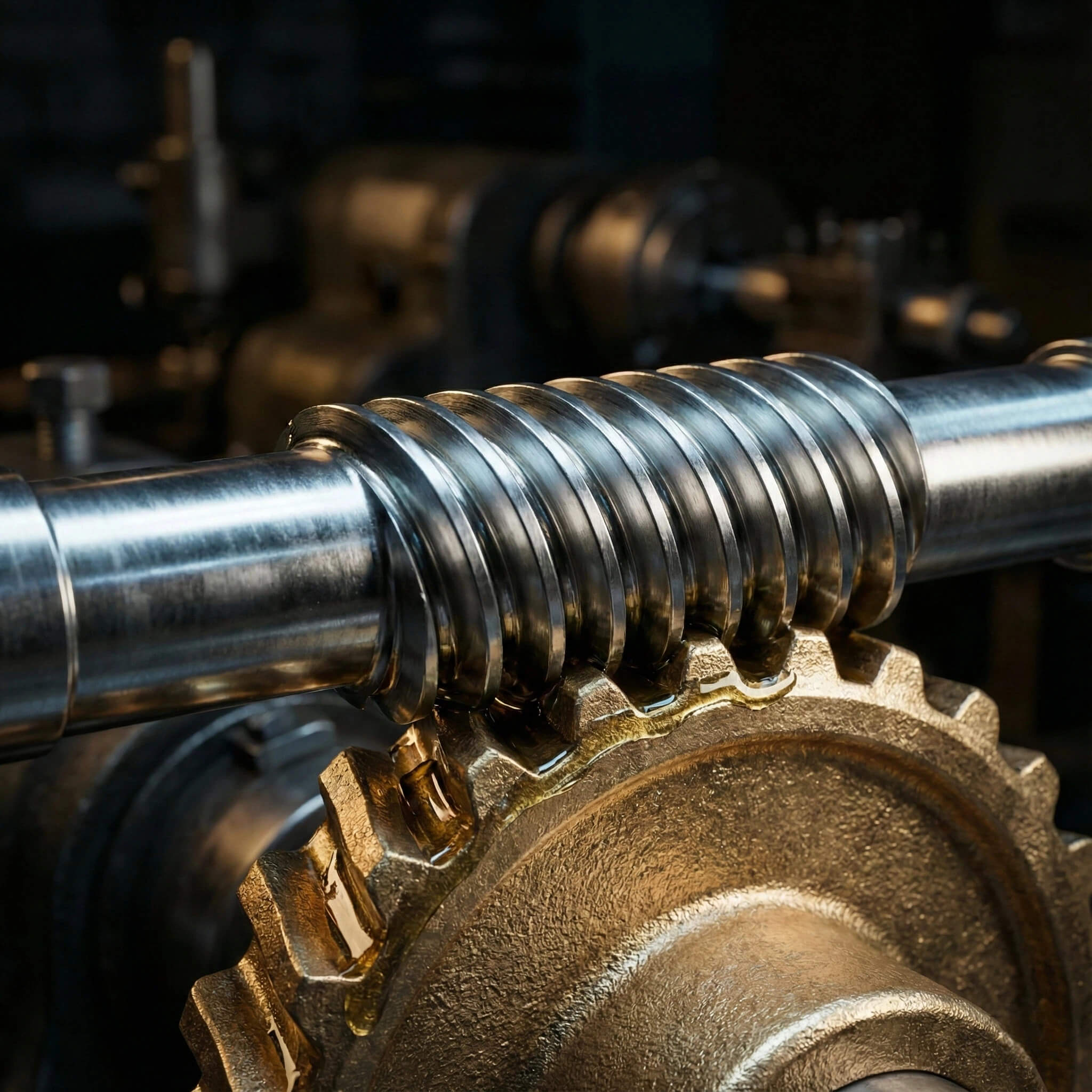 Close-up macro view of worm gear drive mechanism with lubrication applied