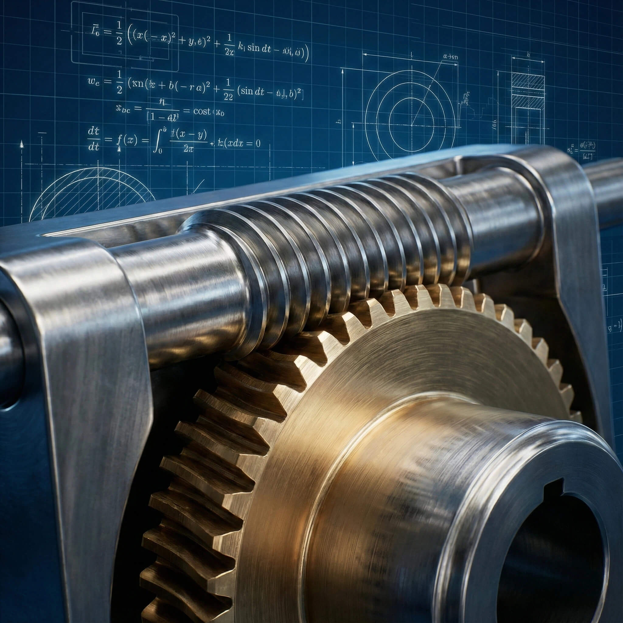 Close-up worm and gear mechanism with engineering formulas and CAD blueprint in background