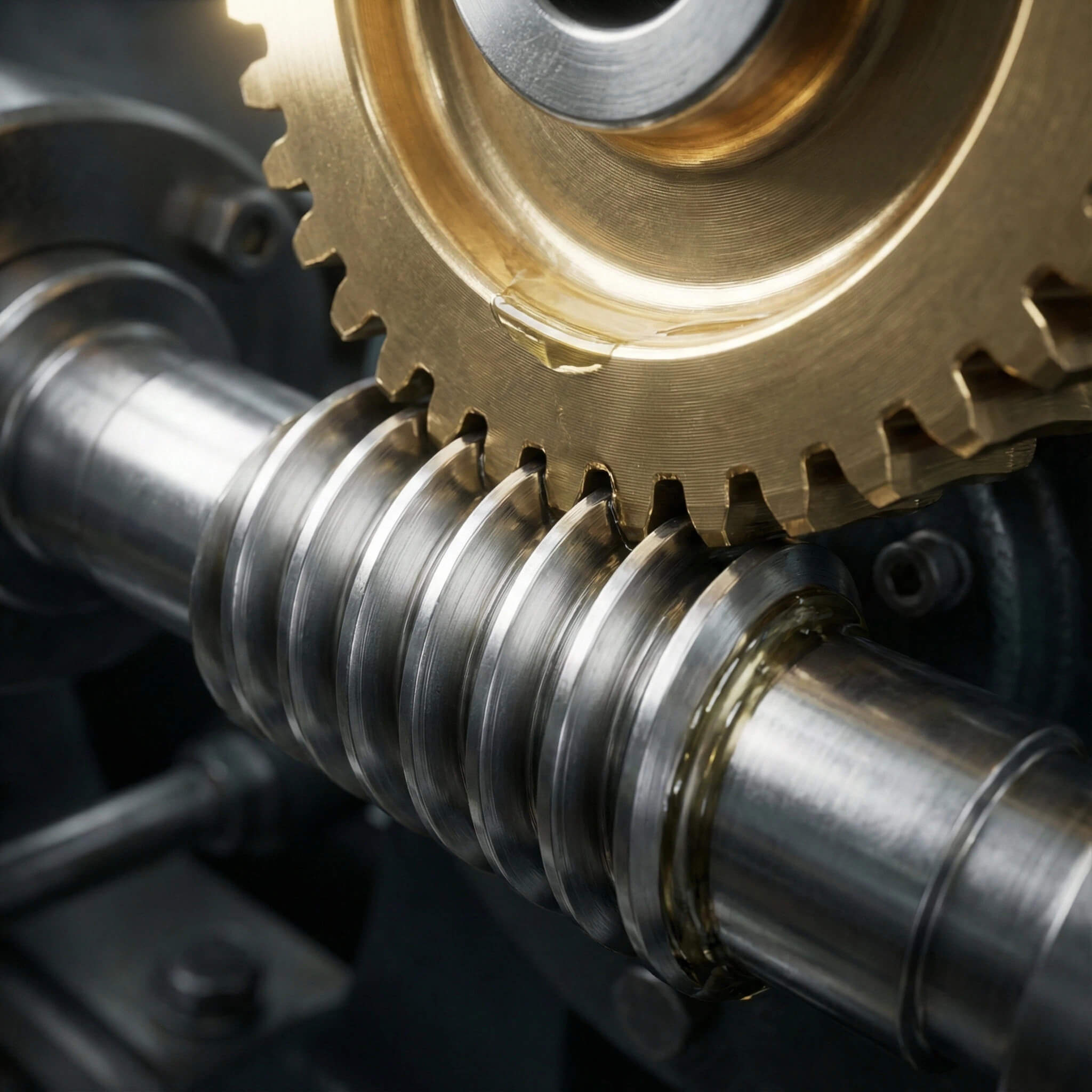 Close-up of lubricated worm gear and bronze wheel engagement