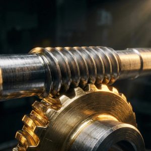 Close-up worm gear and worm shaft showing metal contact and torque transmission
