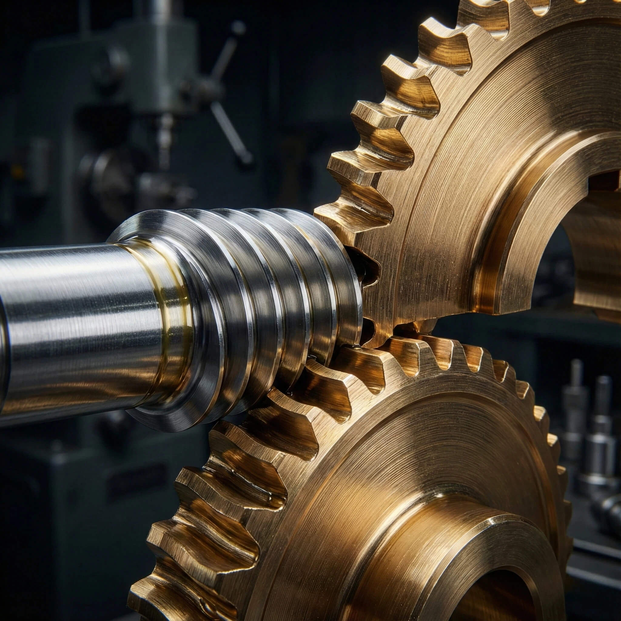 Close-up of worm and gear tooth engagement showing polished contact surfaces