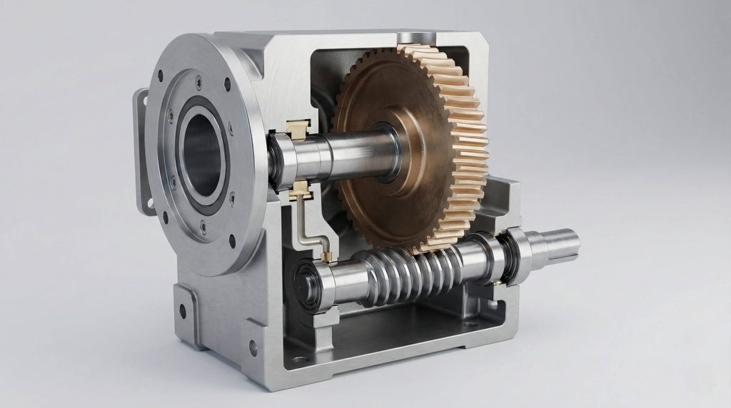 Industrial worm gearbox cross-section revealing internal gears and shaft layout