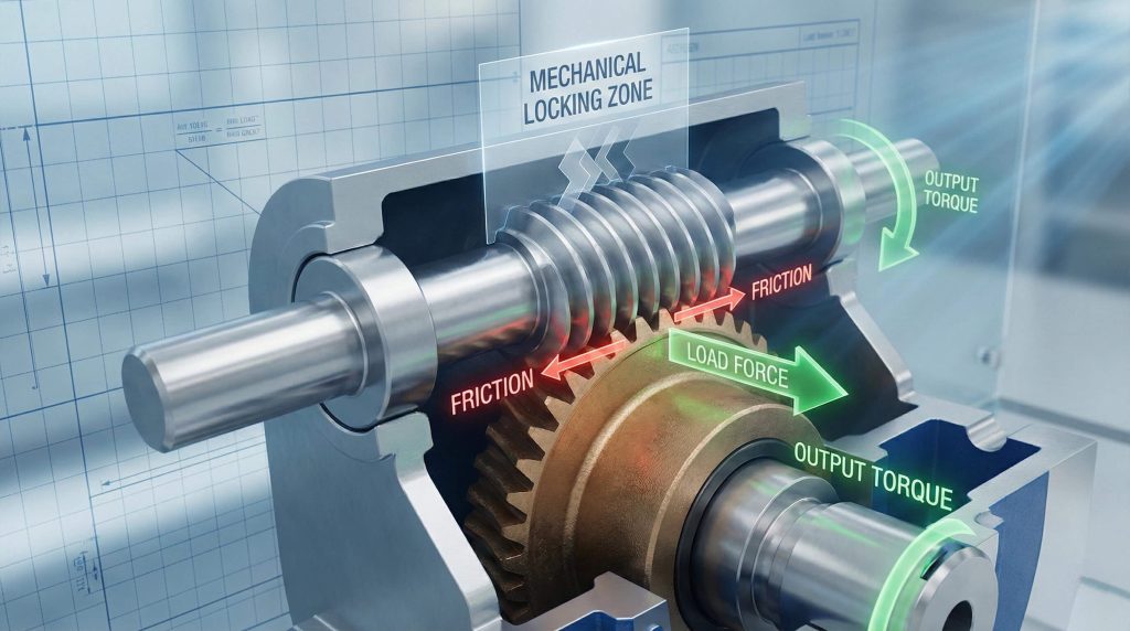 Cutaway view of worm gearbox showing friction zones, load force path and output torque direction