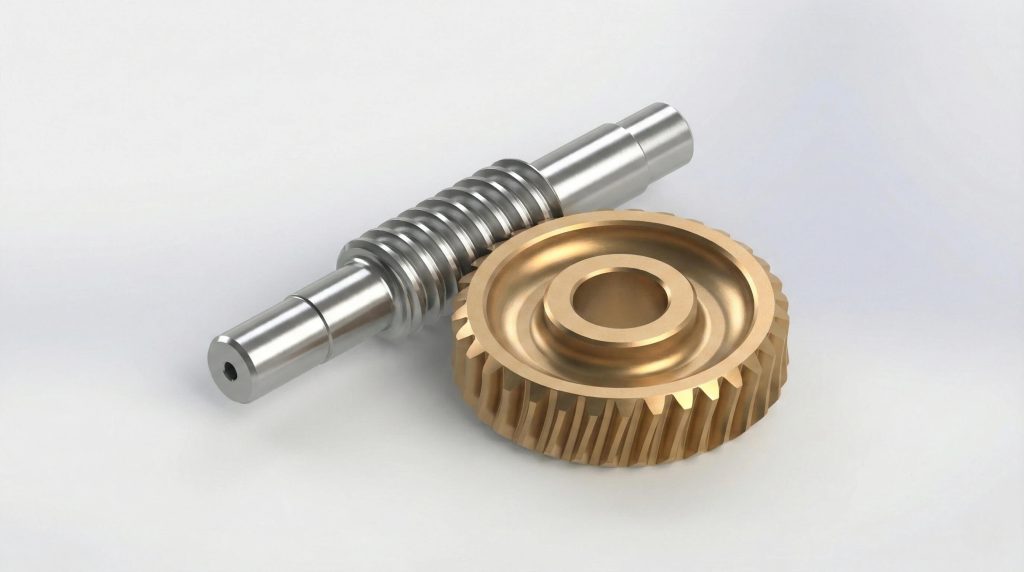 Worm shaft and bronze worm gear displayed on clean white background for product detailing