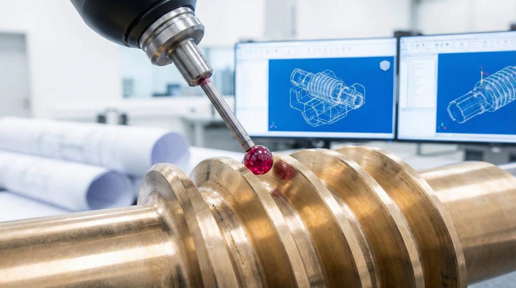 CMM probe inspecting worm shaft geometry with CAD model displayed on monitors