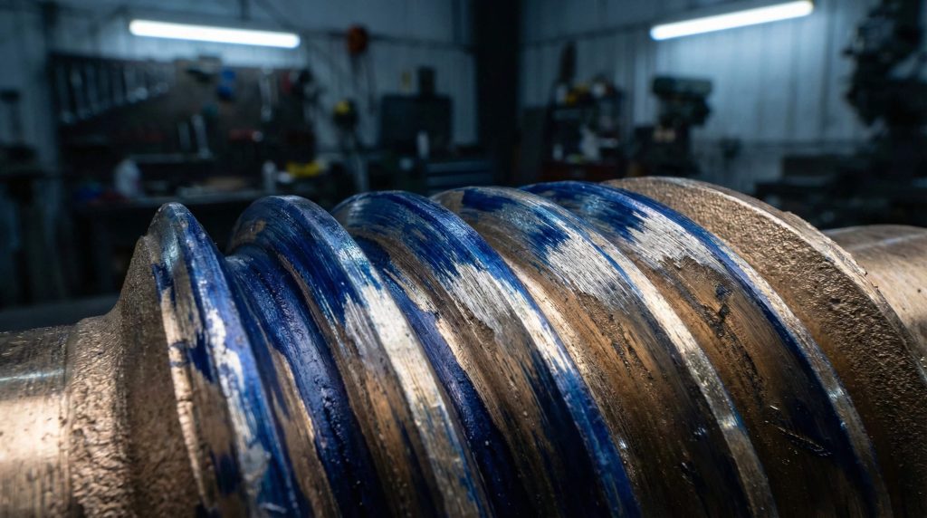 Worn worm shaft with visible surface scoring, wear marks, and lubrication breakdown